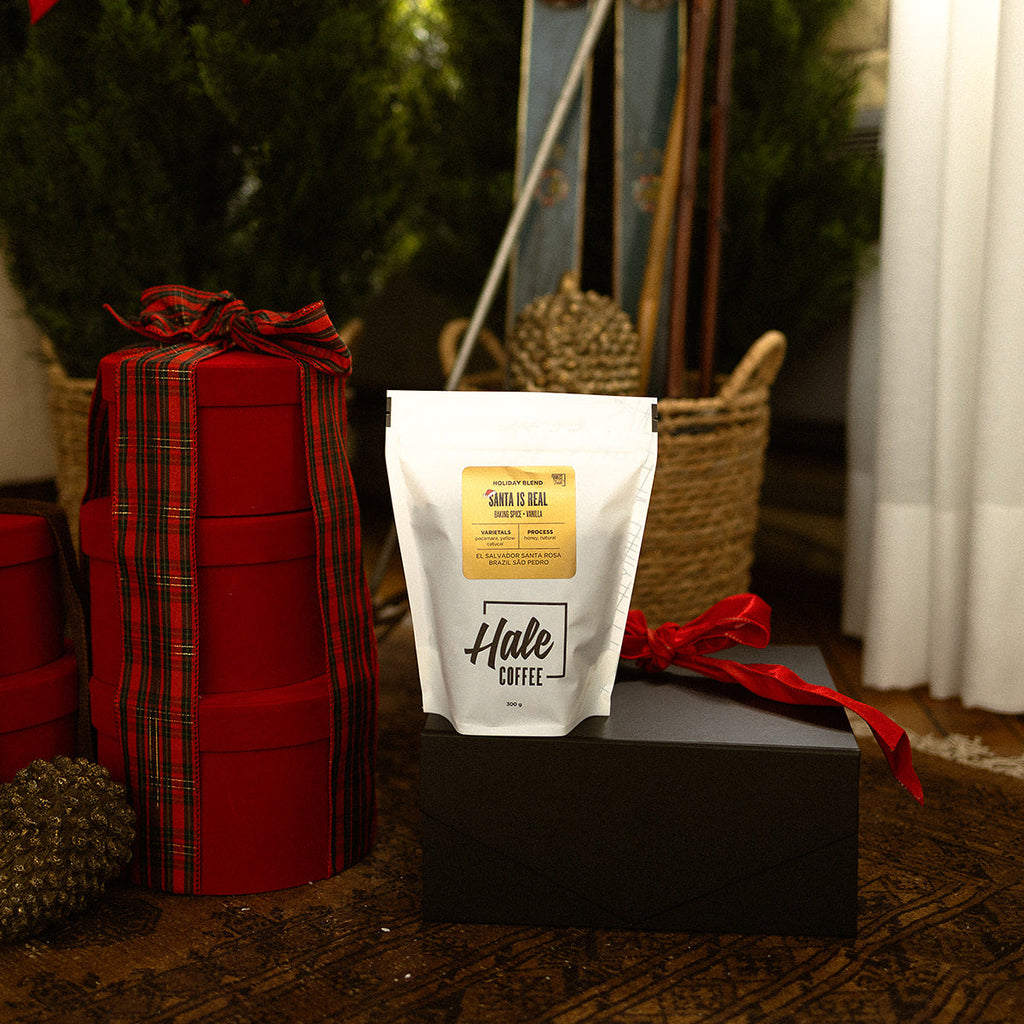 Hale Coffee package with a red bow on a wooden surface, surrounded by Christmas decorations.